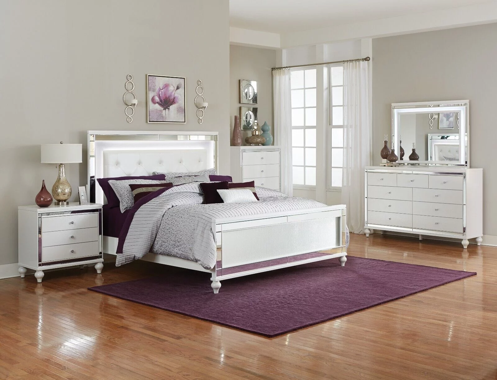 Contemporary White Metallic Finish 4pc Bedroom Set Est-King Bed Nightstand Dresser LED Mirror Headboard