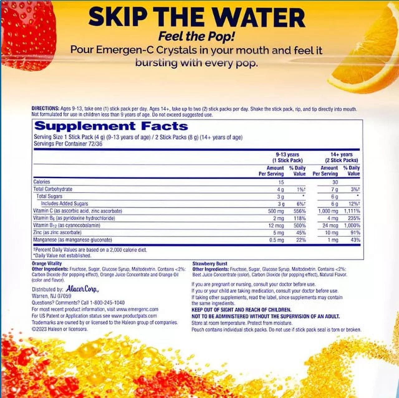 Emergen-C Crystals 500 mg Vitamin C Immune Support, Orange & Strawberry (72 Ct)