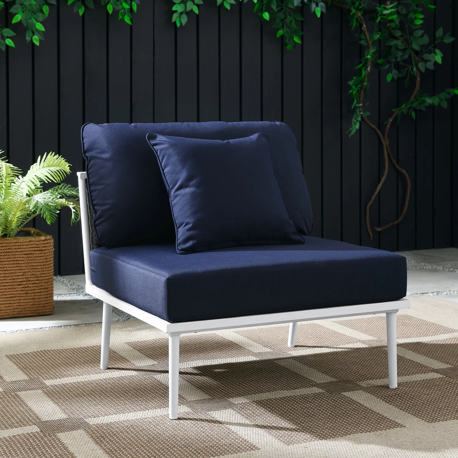 Lounge Middle Chair, Navy White, Aluminum, Metal, Fabric, Modern Contemporary, Outdoor Patio Balcony Cafe Bistro Garden Furniture Hotel Hospitality