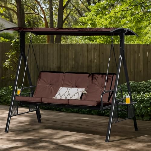 Yaheetech 3-Seat Deluxe Outdoor Patio Porch Swing with Angle-Adjustable Sunshade/Cupholder/Lie Down Hanging Chair, Lounge Chair for 3 People, Outdoor Love Seat Bench for Patio/Garden, Dark Brown