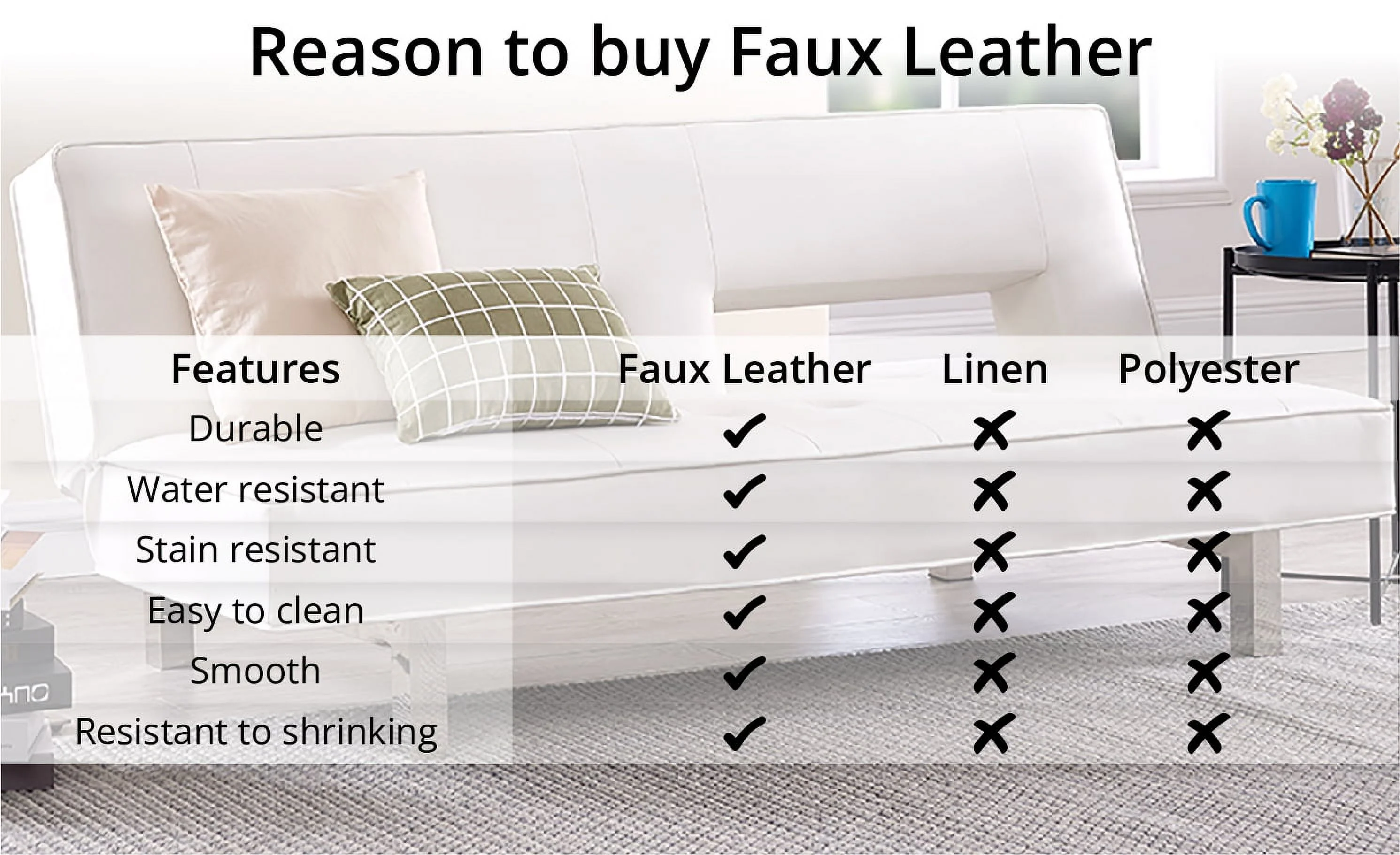 Modern Convertible Futon Sofa Bed with Chrome Metal Legs, European Style Reclining Futon Sofa, Faux Leather, Cream