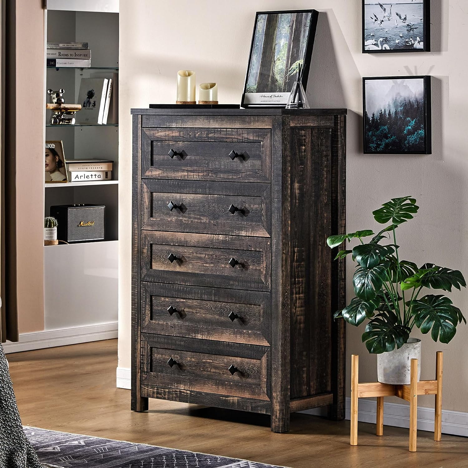 Amerlife 5 Drawers Dresser for Bedroom, Wood Tall Dresser with Vintage Gain for Adult, Dark Oak
