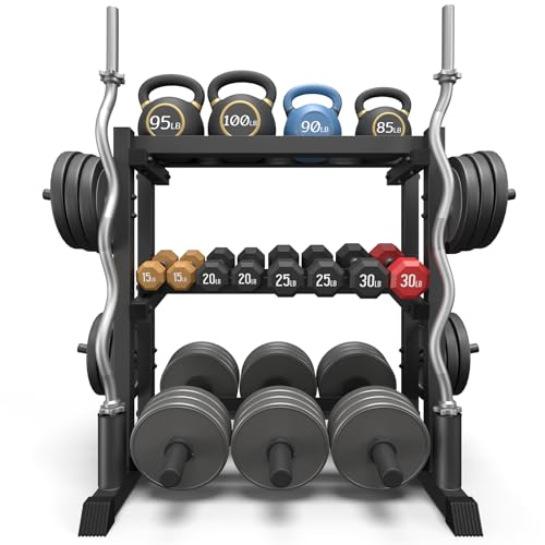 3-Tier Dumbbell Rack, 1100LB Capacity Adjustable Weight Rack for Home Gym, Heavy-Duty Weight Stand for Dumbbells Kettlebells & Weight Plates(Rack Only)