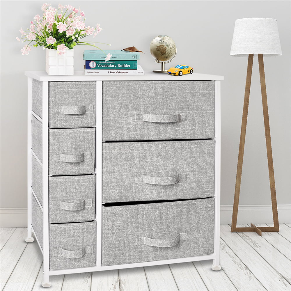 Bigroof Dresser for Bedroom Chest of Drawers Storage Organizer with Fabric Bins Steel Frame Wood top for Kids Bedroom Nursery Closet (Light Gray-7 Drawers)