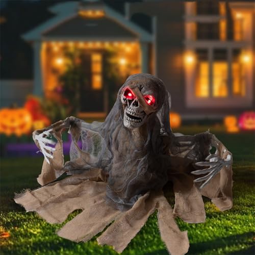 Halloween Mummy Groundbreaker Decoration,Scary Animatronics Zombie Skeleton with Glowing Eyes and Sounds for Outdoor Graveyard Haunted House,Sounds Activated Animated Zombie Shaking Body and Head