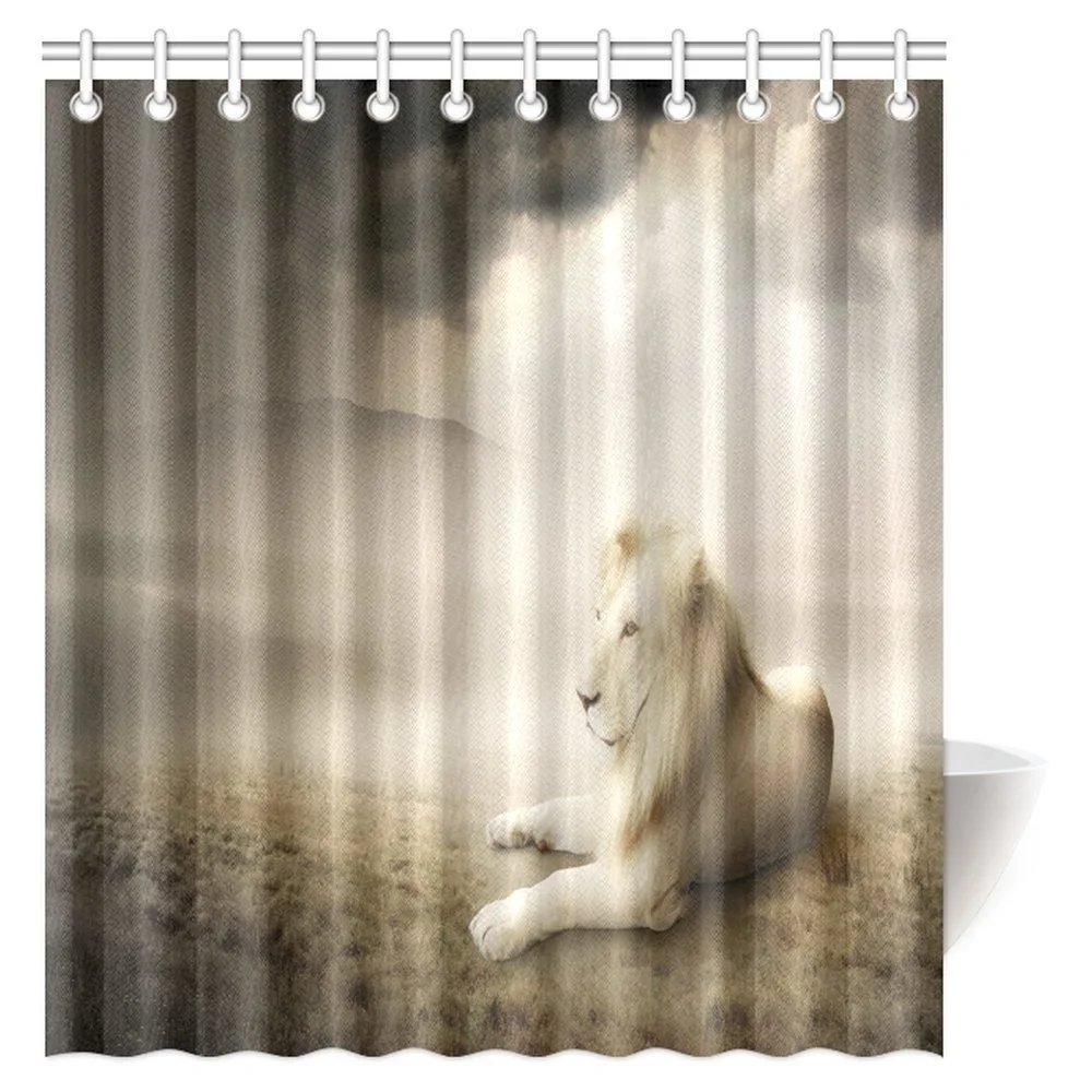MYPOP Safari Decor Shower Curtain, White Lion on the Grassland at Sunset Fabric Bathroom Shower Curtain Set with Hooks, 66 X 72 Inches