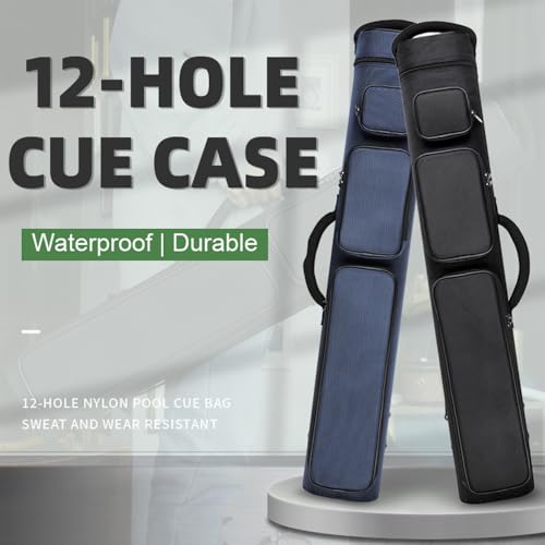 12-Hole Premium Nylon Pool Cue Case – Holds 8 Shafts & 4 Butts, Durable Double Shoulder Strap Design with 3 External Pockets (Black/Blue)