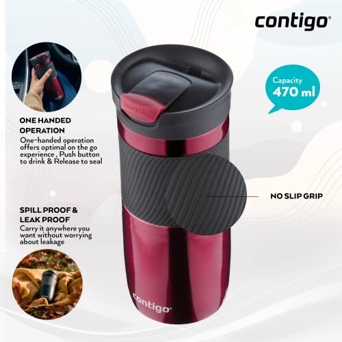 Contigo Byron Snapseal Travel Mug, Stainless Steel Thermal Mug, Vacuum Flask, Leakproof Tumbler, Coffee Mug with BPA Free Easy-Clean Lid, 590 ml, Black