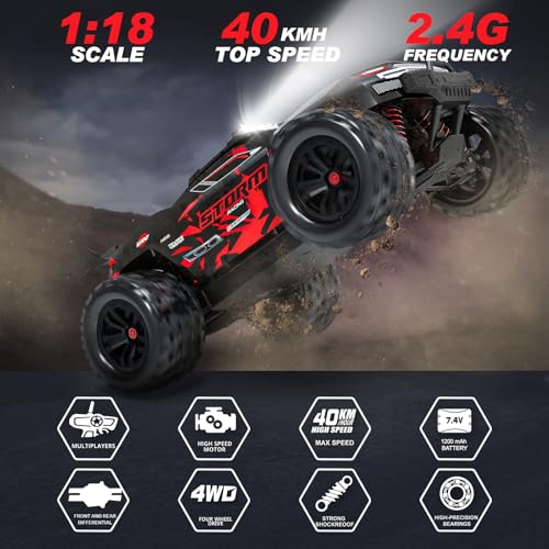 1:18 Scale All Terrain RC Cars, 40km/h High Speed Remote Control Car, 2.4Ghz RC Car Toys Gifts for Kids and Adults, 4WD Electric Vehicle with 2 Rechargeable Batteries, Off Road Monster Truck