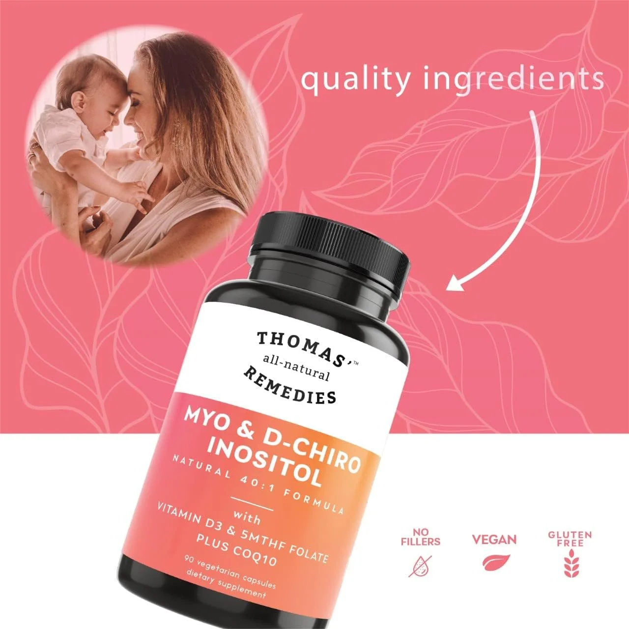 Thomas' all-natural Remedies MYO Inositol & D-Chiro Inositol Blend Supplement with Folate and Vitamin D3, Non-GMO, No Fillers, CoQ10, 90 Vegan Capsules.