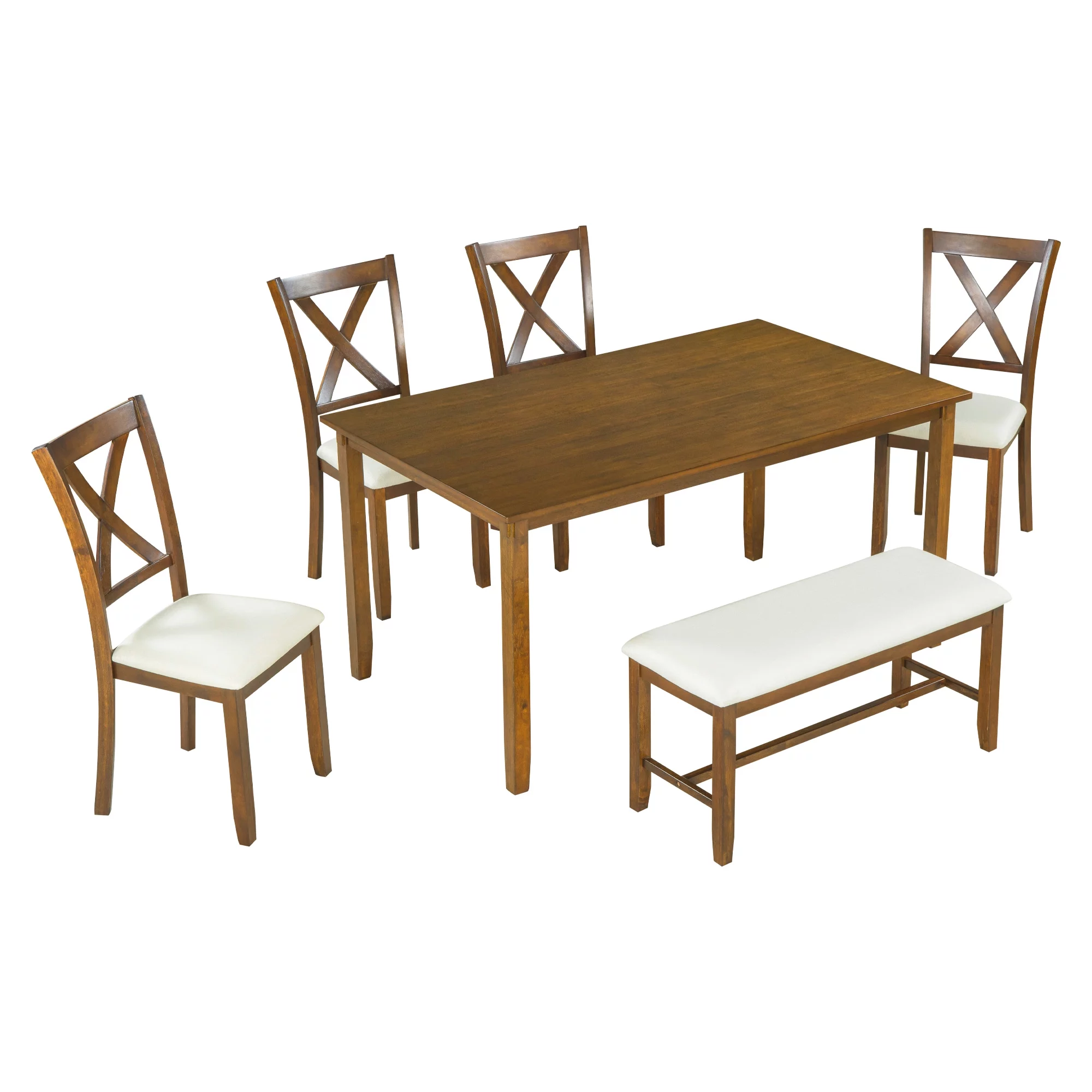 TREXM 6-Piece Kitchen Dining Table Set Wooden Rectangular Dining Table, 4 Fabric Chairs and Bench