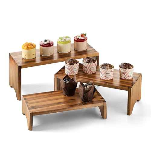 Acacia Wood Risers Display Stands Set of 3 - Wooden 3 Tier Cupcake Stand - 3 Tiered Riser for Vendors - Decorative Display Risers for Food Desserts Stand, Perfume, Funko POP at Party Wedding