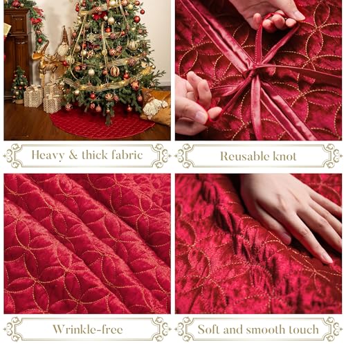 Valery Madelyn Christmas Tree Skirt for Tree Decorations, 36 Inch Fabric Luxury Red Gold Medium Xmas Velvet Tree Skirt with Embroidery Patchwork & Tassels for Tree Merry Christmas Party Decor