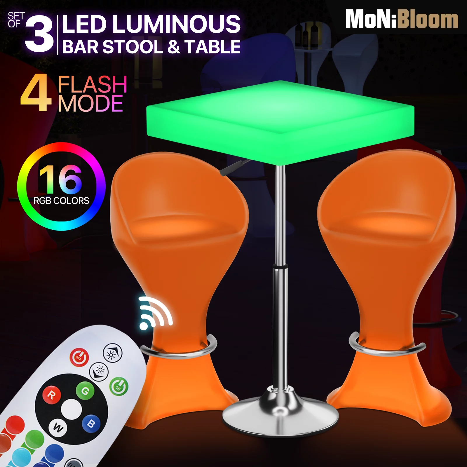 MoNiBloom Set of 3 LED Light Up Square Bar Table + Stools, 16 Color Changing Rechargeable Adjustable Height Table and Barstools with Remote Control & Footrest