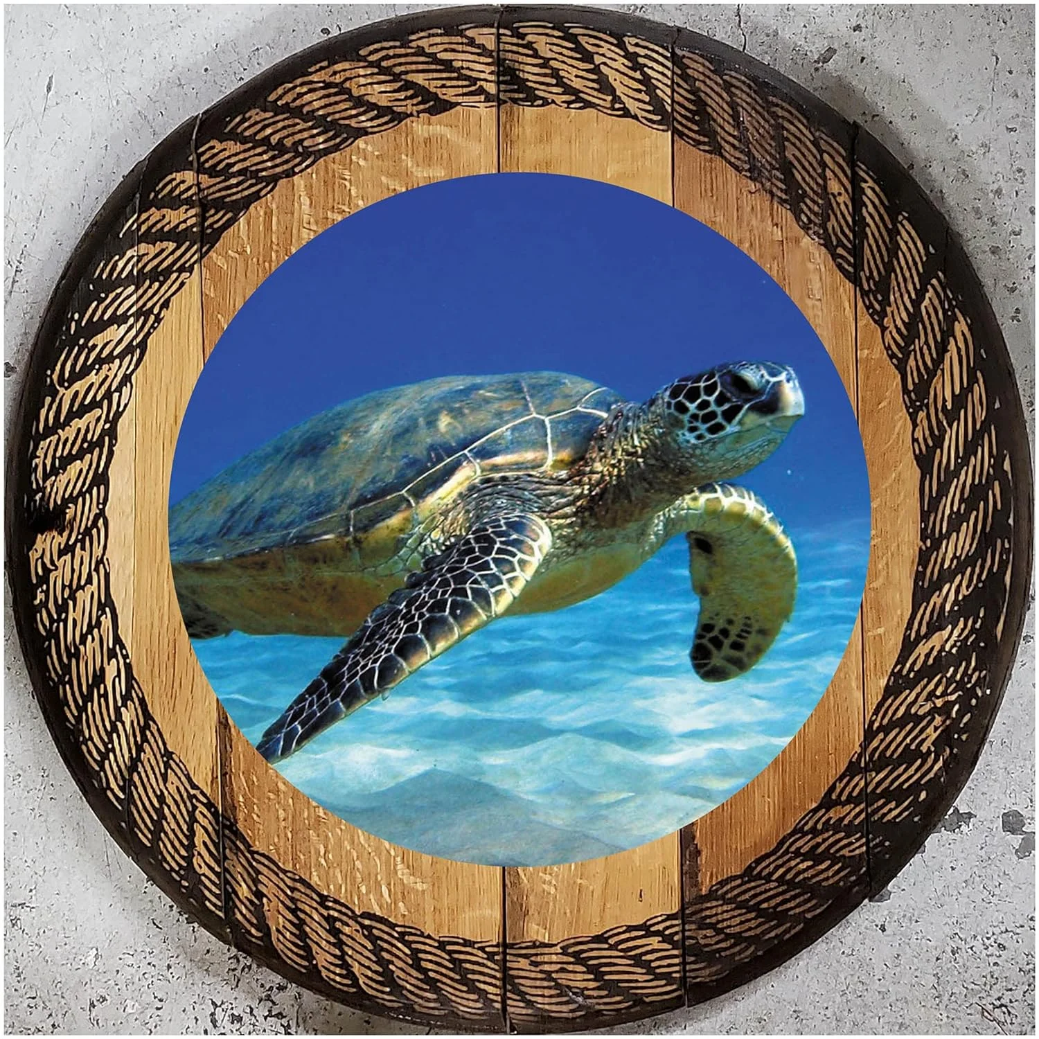 Sea Turtle Swimming Pub Gift Farmhouse Rustic Round Whiskey Barrel End Table