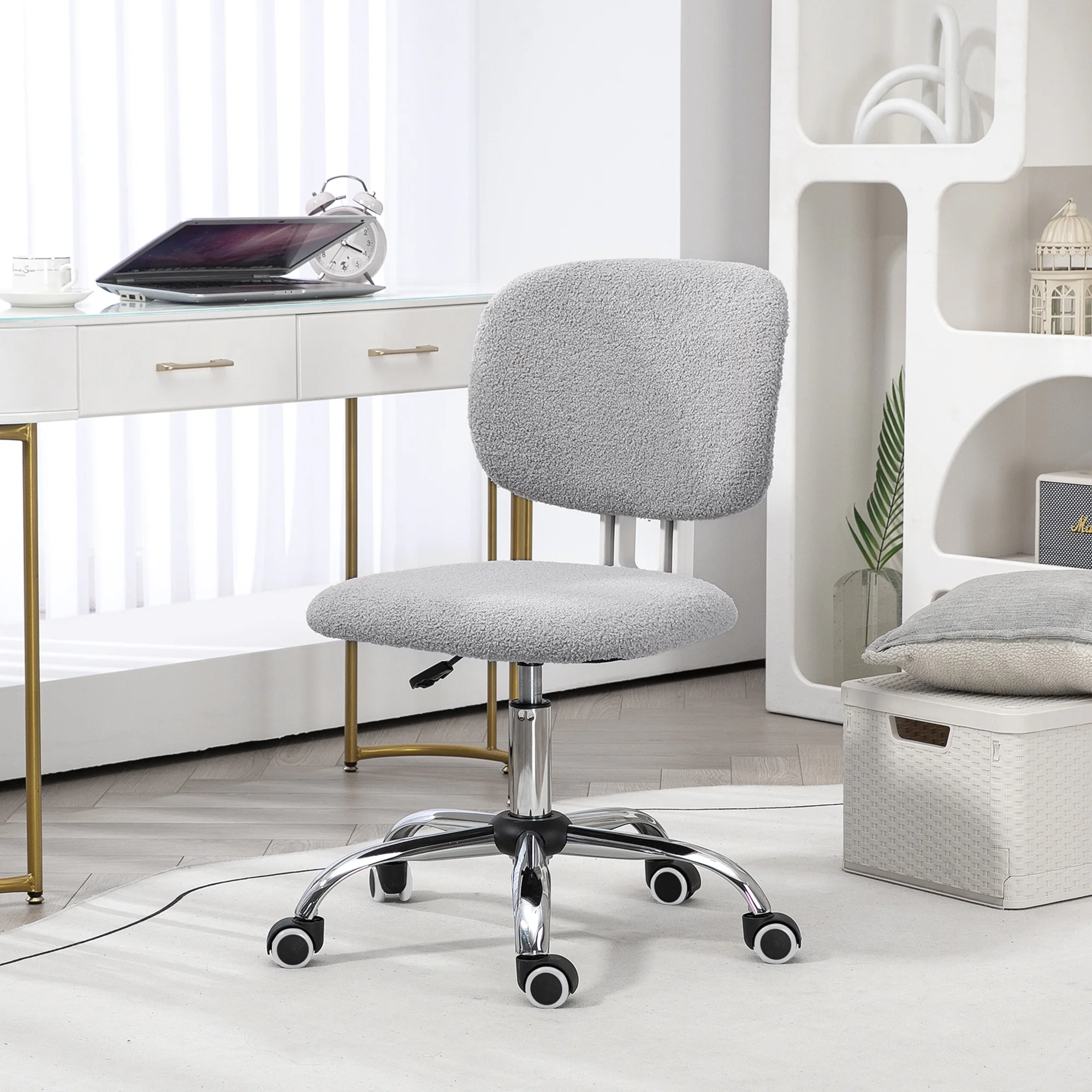 CoSoTower Cute Armless Office Chair, Teddy Fleece Fabric Computer Desk Chair, Vanity Task Chair with Adjustable Height, Swivel Wheels, Mid Back, Light Gray