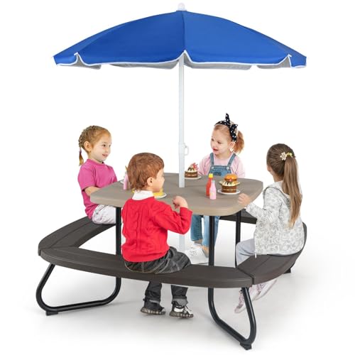 KOTEK 8-Person Kids Picnic Table, Toddler Activity Table with Removable Umbrella, 4 Built-in Benches, HDPE Top & Metal Frame, Kids Outdoor Table for Patio Garden Backyard (Blue+Red)