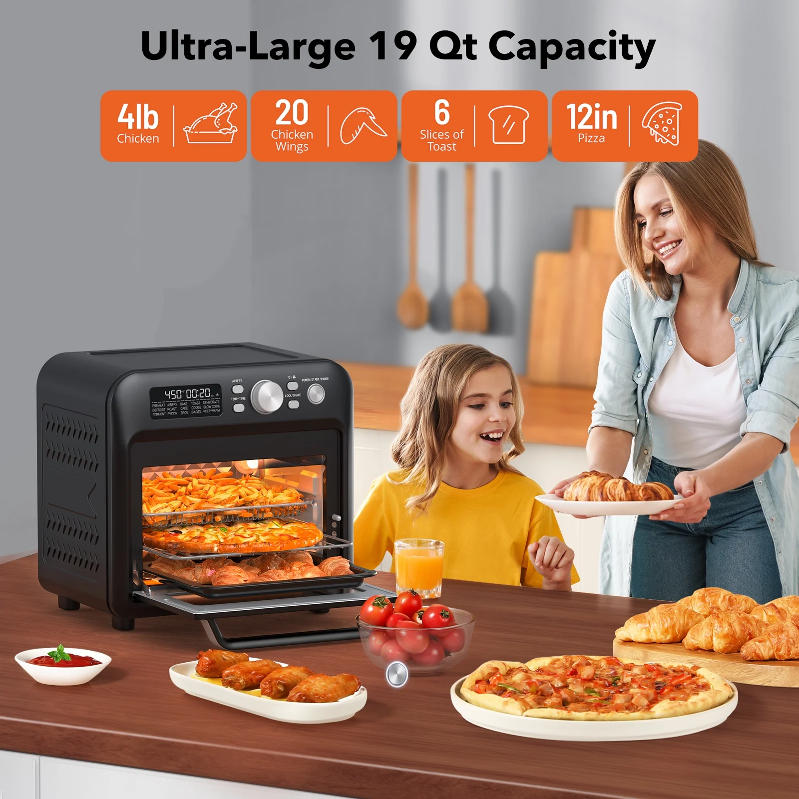 Air Fryer Oven, 15-in-1 19 QT Family-Sized Toaster Oven, Convection Oven with Child Lock, Fits 12-inch Pizza, 6-Slice Toast, Button & Knob-Controlled Kitchen Appliance, Dishwasher Safe