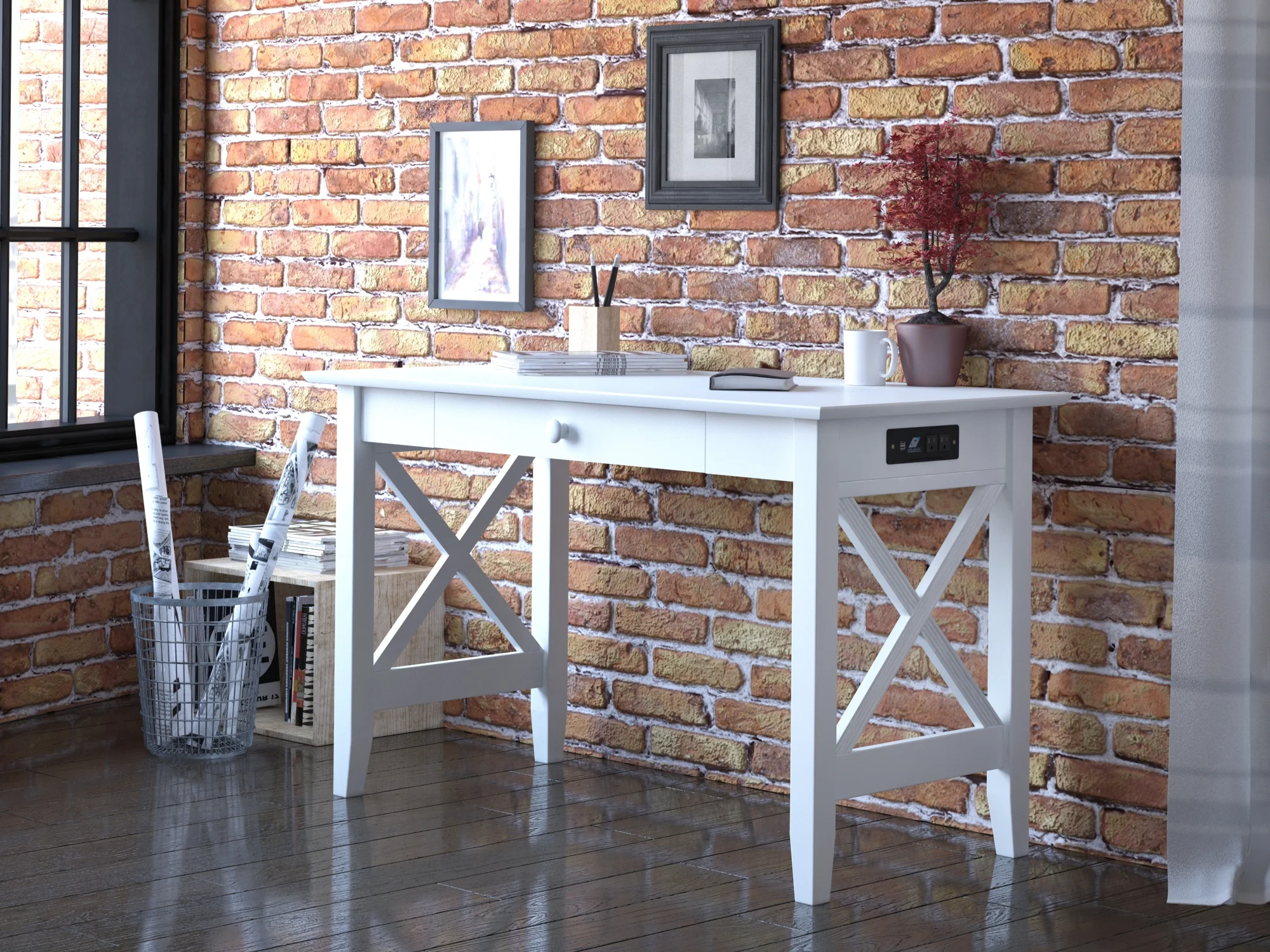 Lexi Desk with Drawer and Charging Station in White