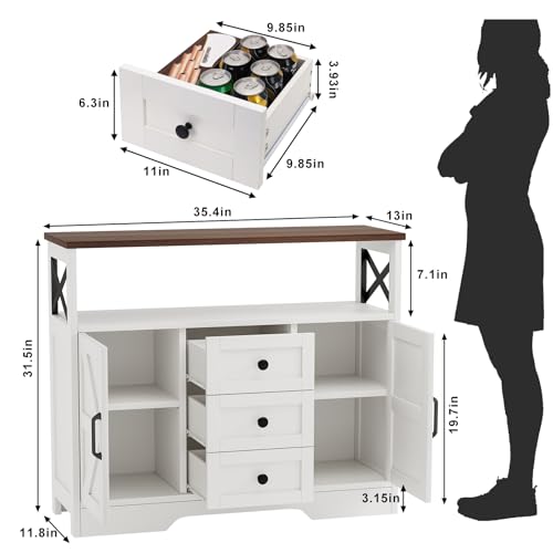 YGEOMER Buffet Cabinet Sideboard Farmhouse Coffee Bar with 3 Drawers and 2 Doors, Wood Kitchen Table Wine Bar Storage Cabinet for Dining Room
