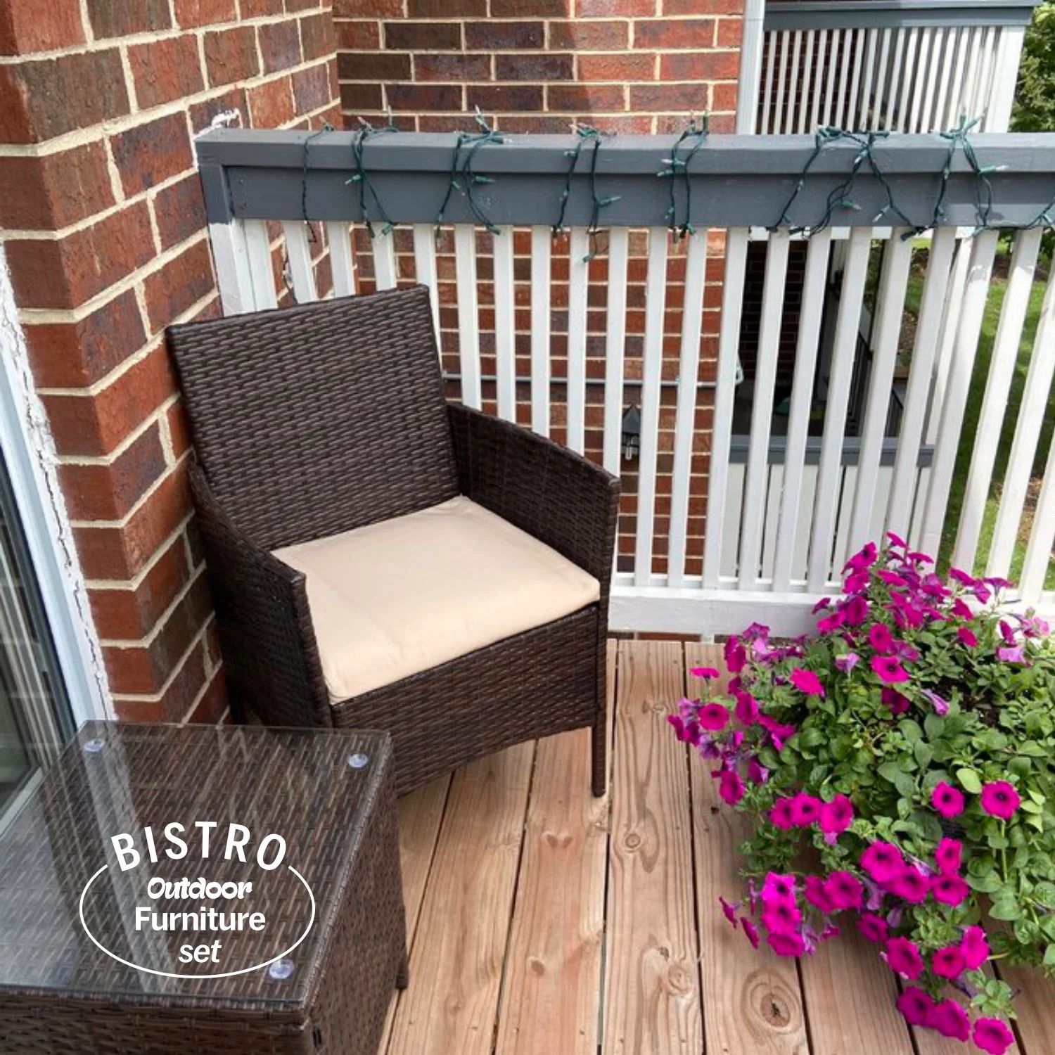 Sofia 3 Piece Rattan Bistro Patio Furniture Set- 2 Metal & Soft Cushion Chairs With a Beautiful Cafe Table - Beige