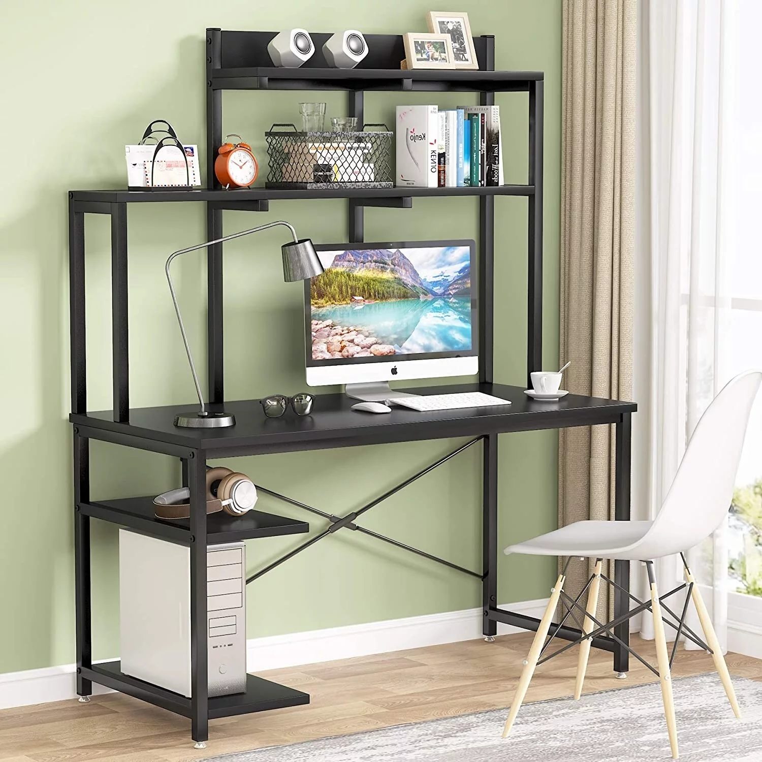 Computer Desk with Storage Hutch Shelf Writing Study Table for Home Office Black Medium
