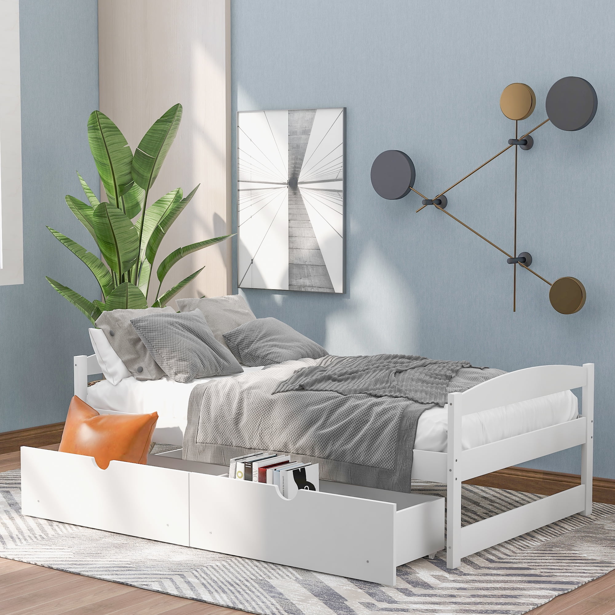 Double Platform Bed Classic Style Double Size Frame Double Bed Living Room and Bedroom Practical Single Bunk Bed with Two Drawers White