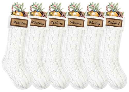 6 Pack Personalized Christmas Stockings, 18in Large Knitted Xmas Hanging Stocking Set Decoration with Leather Patches Custom Name for Holiday Christmas Family Decor (Red and White)