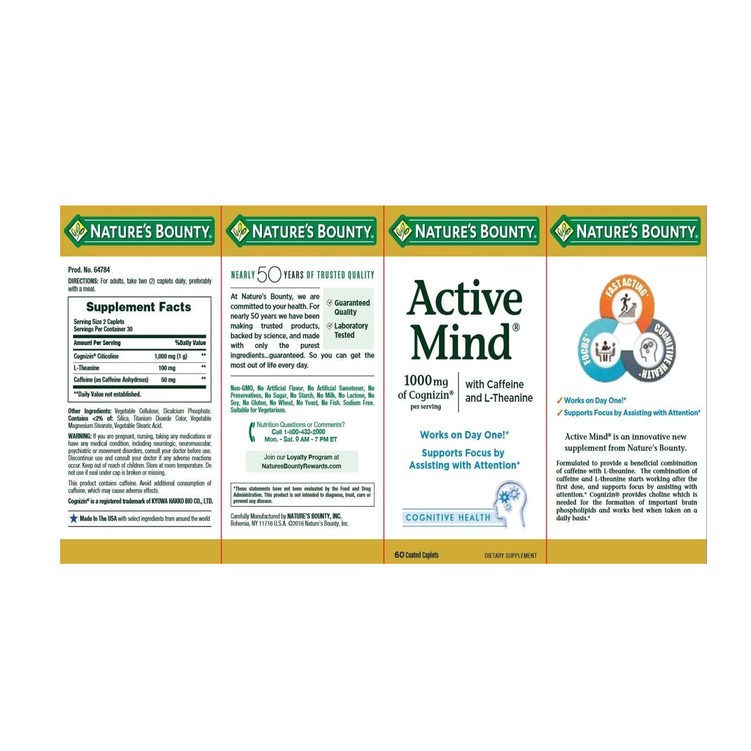 Nature's Bounty Active Mind Cognitive Health Coated Caplets 60 ea (Pack of 3)