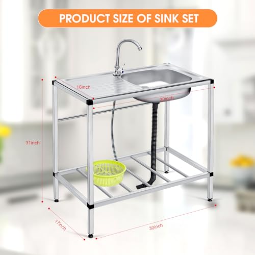 Tandefio Freestanding Outdoor Kitchen Utility Sink Set Stainless Steel Single Bowl Sink Portable Commercial Utility for Restaurant Cafe Bar Hotel Garage Laundry Room(Single Bowl)