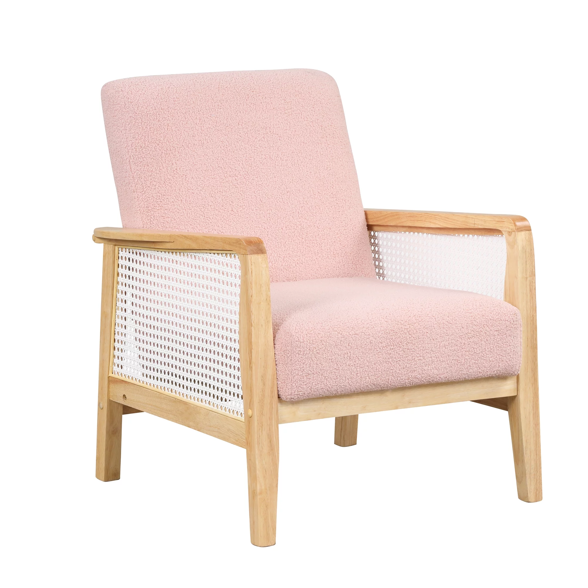 CoSoTower Mid-Century Armchair Rattan Mesh Upholstered Accent Chair, Teddy Short Plush Particle Velvet Armchair for Living Room, Bedroom, Office, Studio, Pink