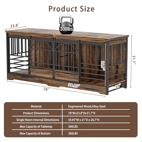 78 Inch Double Dog Crate Furniture, Extra Large Dog Kennel Indoor with Divider, Heavy Duty Dog Cage for 2 Dogs, Decorative Wooden Dog House Decorative Table TV Stand, Pet House for XLarge Dogs,Brown