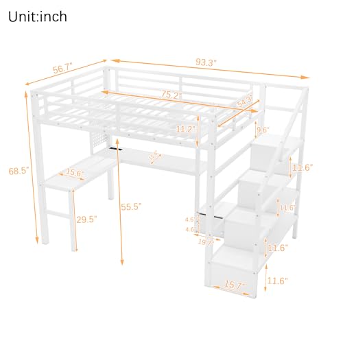 Full Size Loft Bed with Desk and Wardrobe, Metal Heavy Duty Loft Bed with Storage Stairs, LED Lights, USB Port, LoftBed Frames for Kids, Junior, Space Saving, Noise Free (Black, Full)