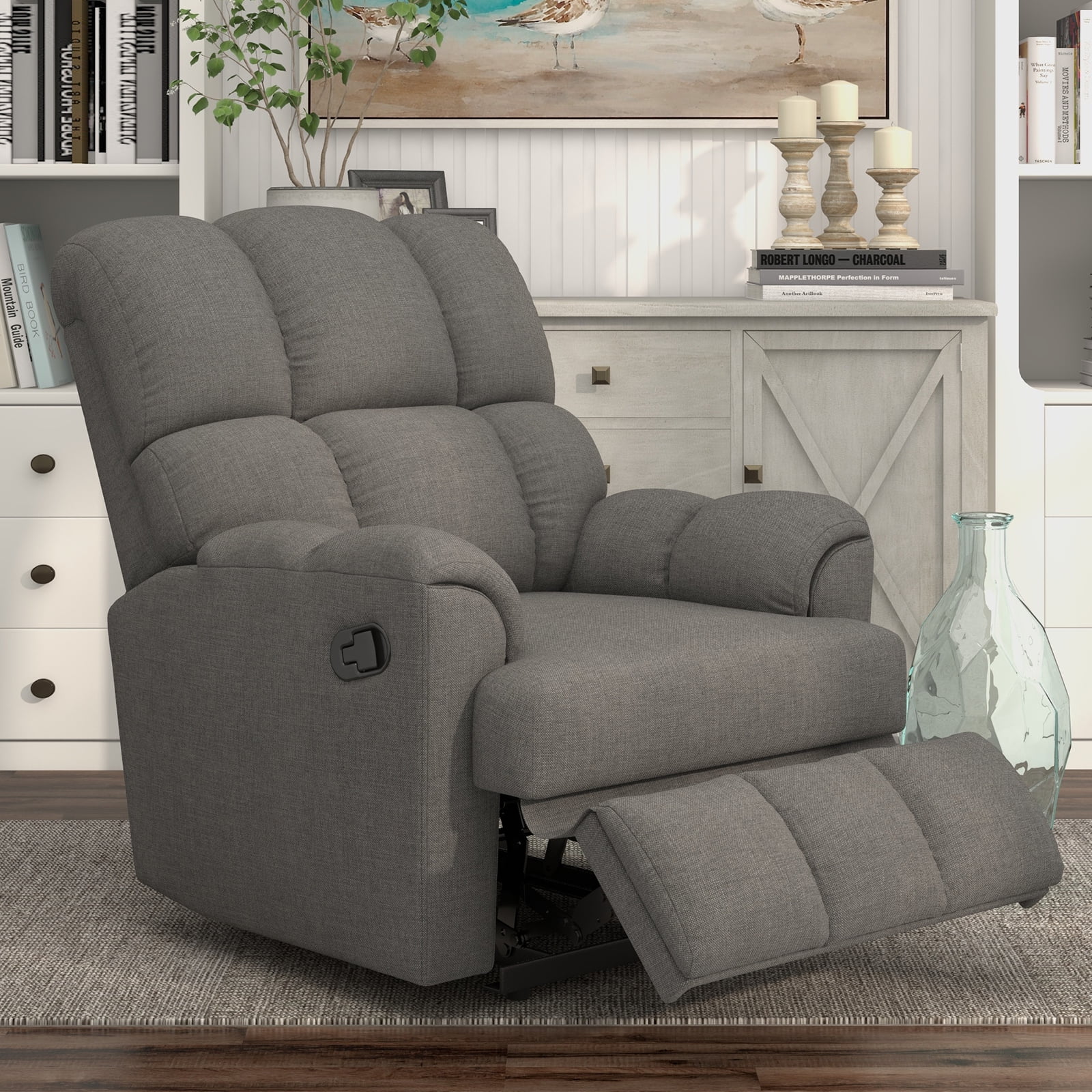 Bonzy Home Rocker Recliner Chair Glider for Living Room in Soft Fabric, Dark Gray