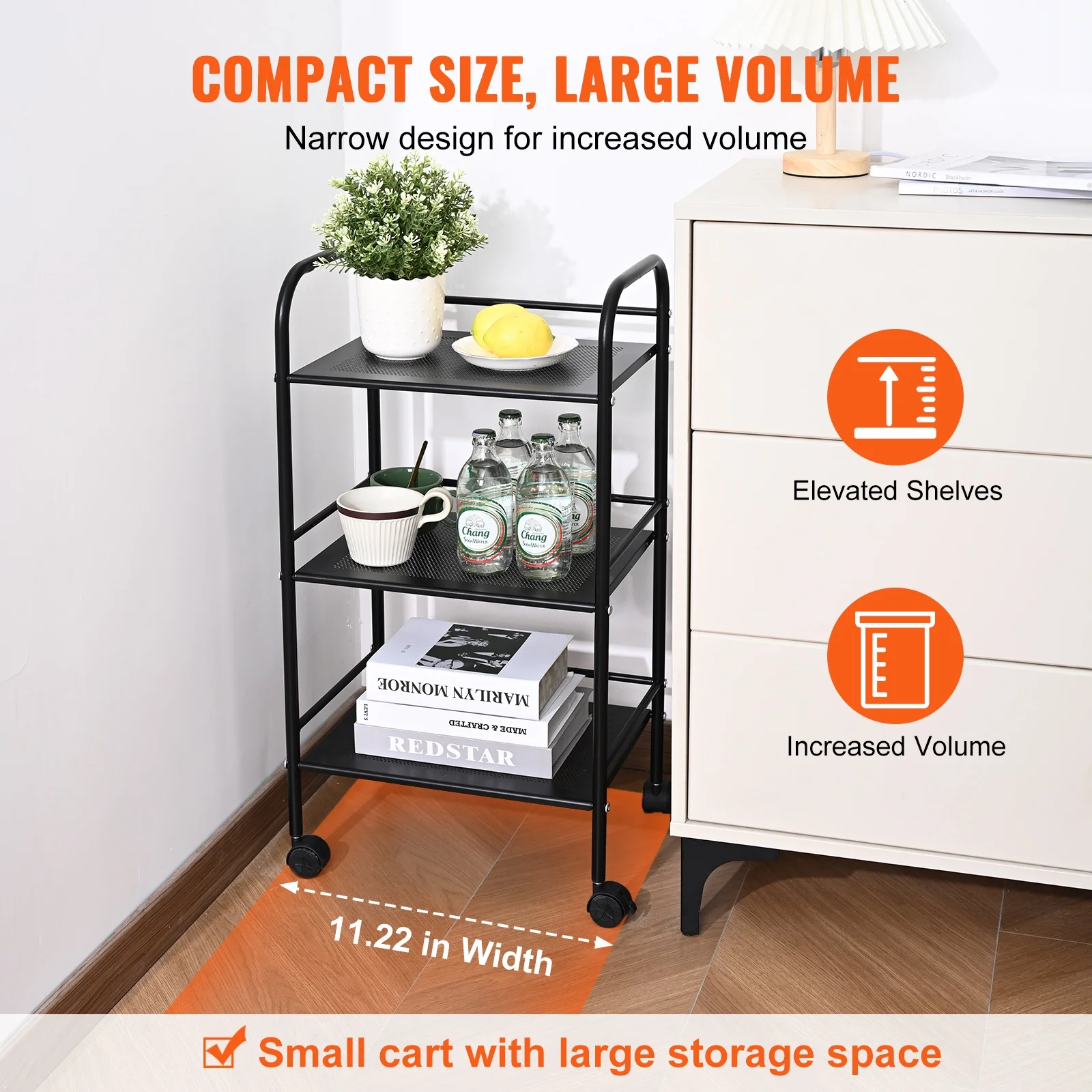 SKYSHALO 3-Tier Kitchen Rolling Cart Utility Cart on Wheel with Handle Shelf Black