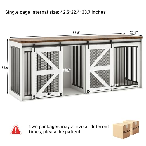 87In Farmhouse Dog Crate TV Stand, Wooden Dog Kennel Furniture with Sliding Metal Mesh Barn Door, Large Dog Crate Furniture for 2 Dogs, Solid Metal Tube & 2 Lockable Doors, Black