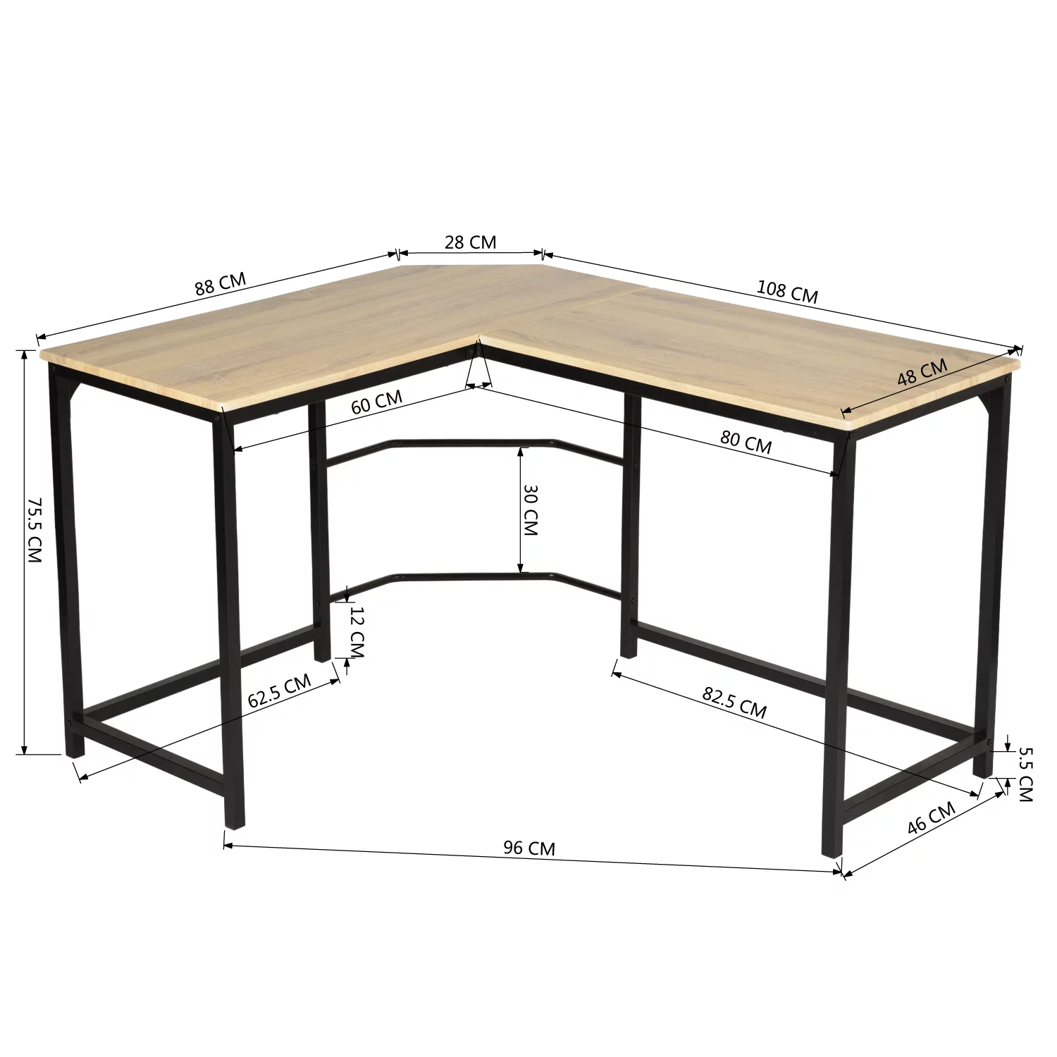 FurnitureR L-Shape Computer Desk Modern PC Laptop Study Home Saving Space Writing Desk with Metal Structure