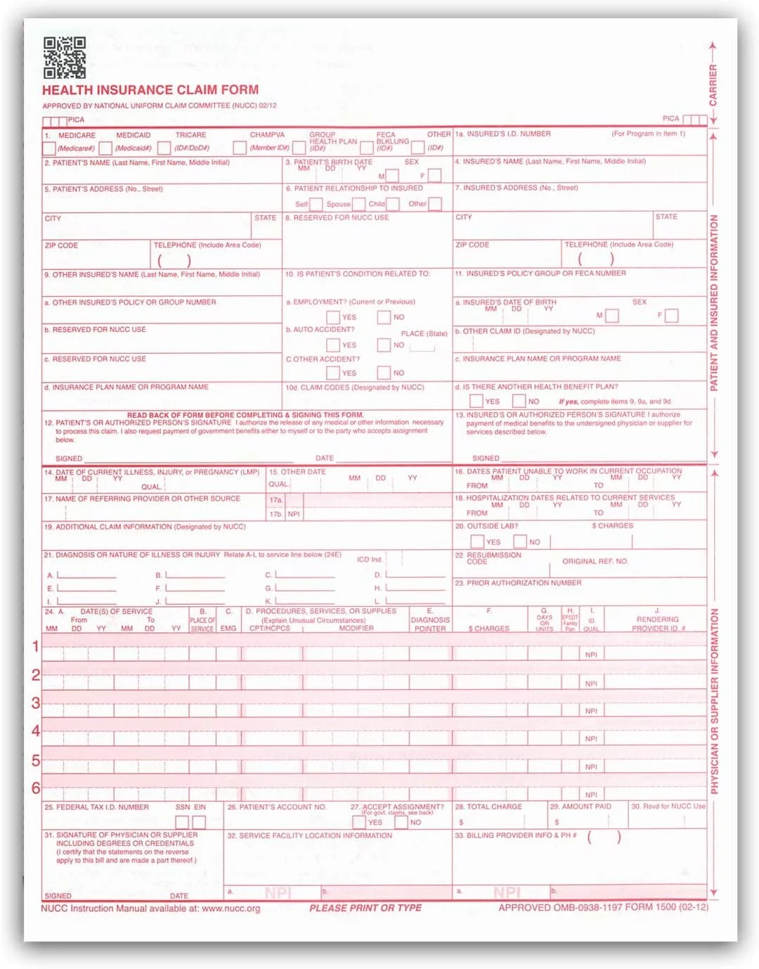 New CMS 1500 Claim Forms - HCFA Version 02/12 1000 per Box