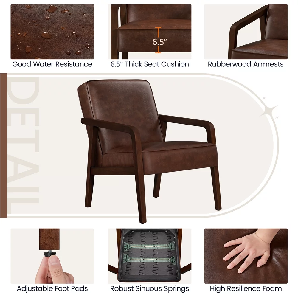 Topeakmart Modern Upholstered Faux Leather Accent Armchair with Solid Wood Frame, Dark Brown