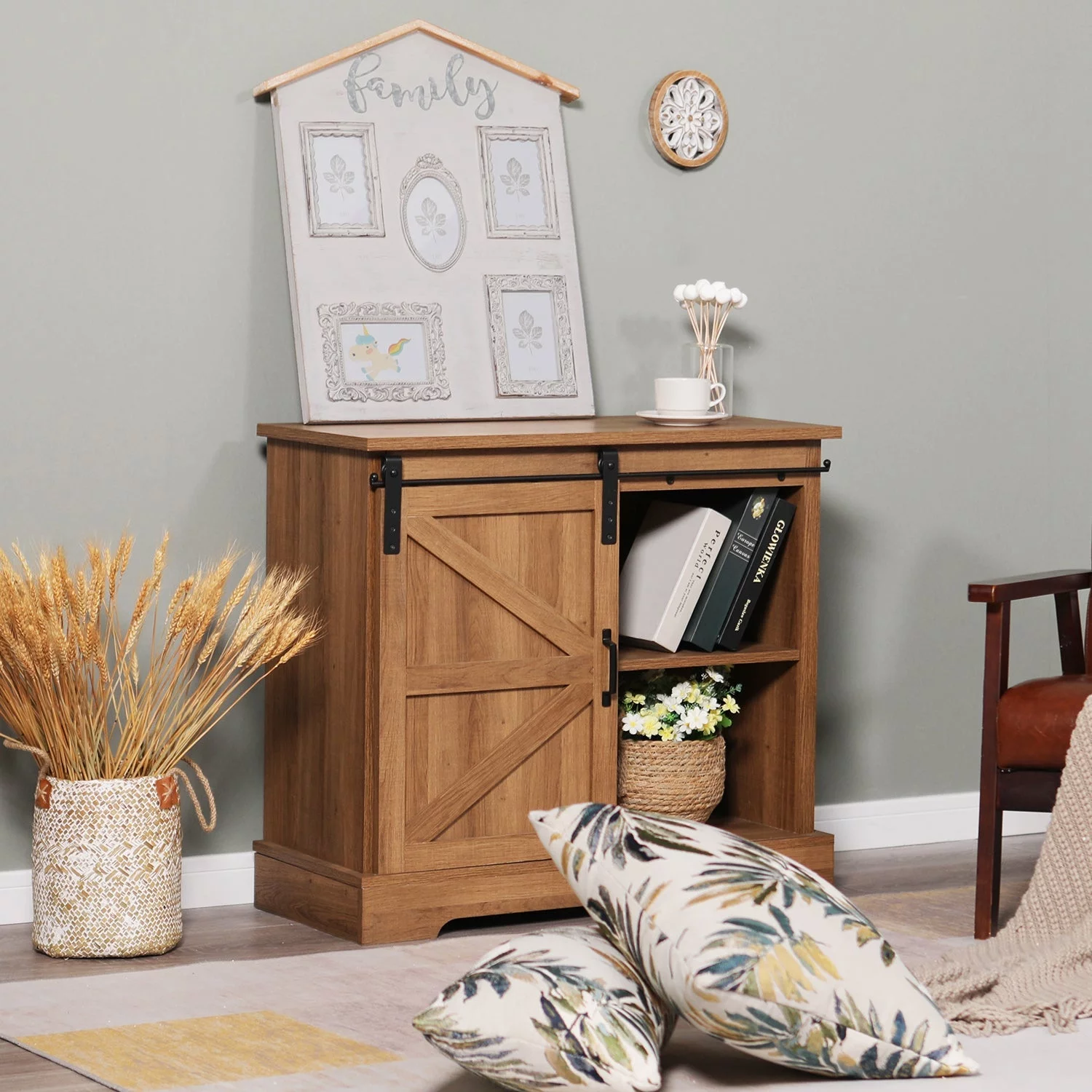 Sophia&William Farmhouse 32'' Sliding Barn Door Accent Storage Cabinet Sideboard-Brown