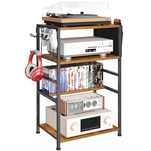 4-Tier AV Media Stand with Drawer, Video Game Console Shelf with 2 Hooks, Audio Rack Tower Perfect for/Xbox/ PS5/Switch/Game Consoles/DVD/Record Player/Projector/Sky Box/TV Accessories