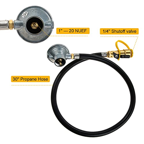 Low Pressure 1LB Propane Tank Gas Regulator Valve with 1/4'' Quick Connect Shut Off Valve and 30Inch Propane Hose for Outdoor Camper Grill Stove, Heater, Fireplace, Fire Pit