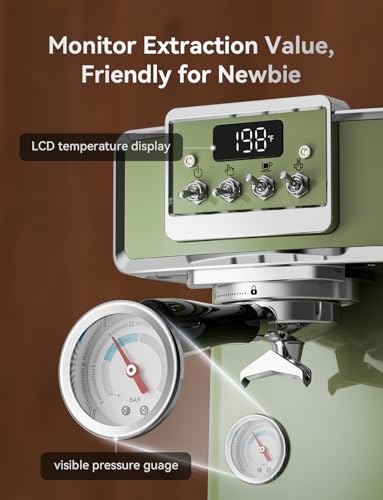 Neretva Espresso Coffee Machine, Professional Espresso Machine with Pressure Gauge 15Bar Retro Espresso Maker with Power Milk Frother Stainless Steel for Home Barista Latte and Cappuccino Maker-Green