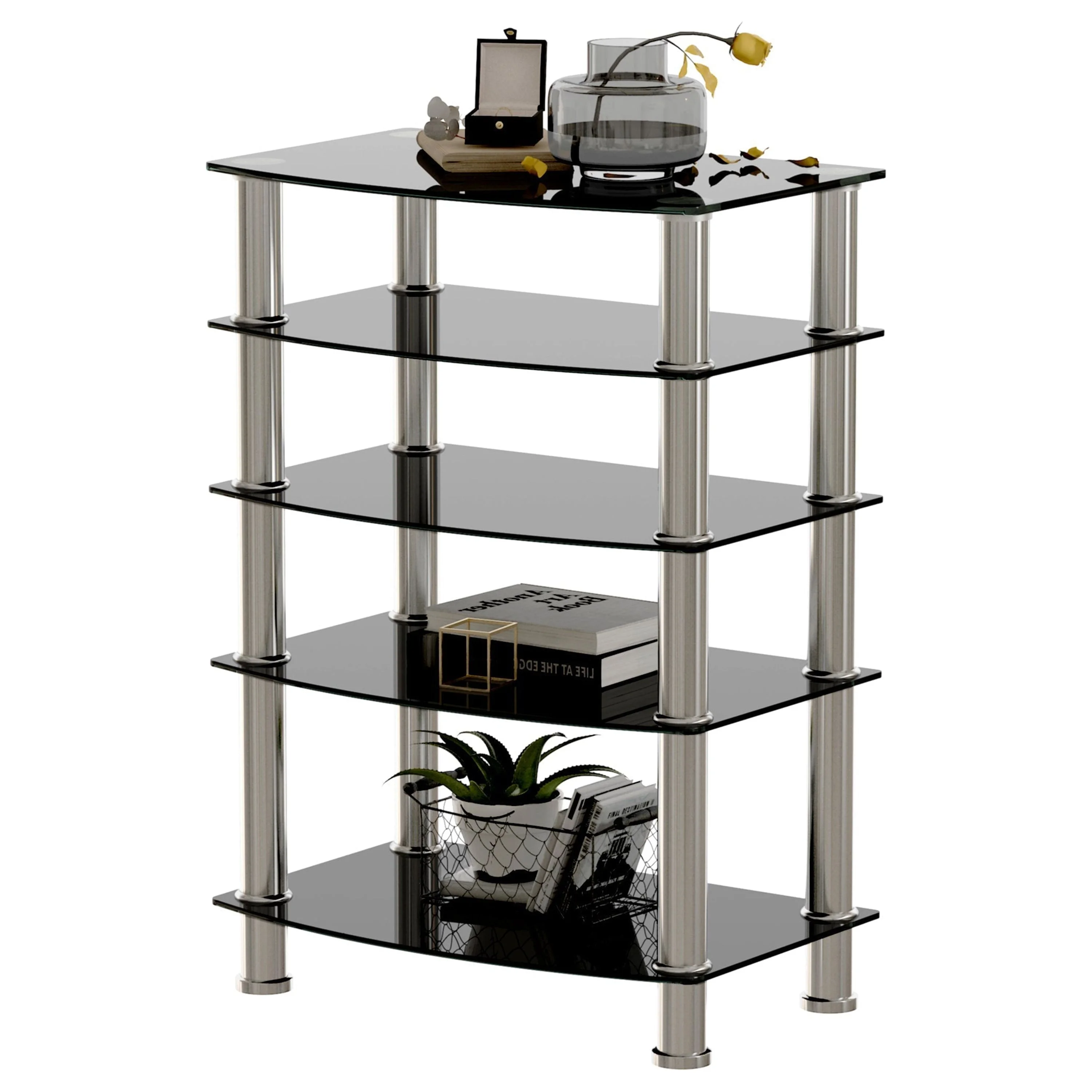5-Tier Tempered Glass Living Room Side Table with Stainless Steel Frame- Black