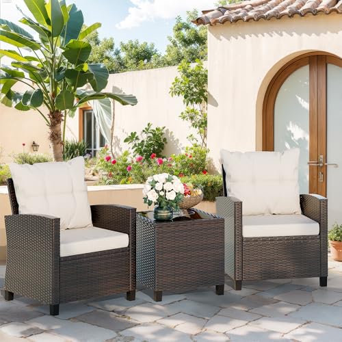 Vongrasig 3 Piece Patio Furniture Set Small Outdoor Wicker Rattan Front Porch Bistro Set Cushioned Patio Chairs Conversation Set with Glass Table for Lawn, Garden, Backyard, Balcony, Poolside (Beige)