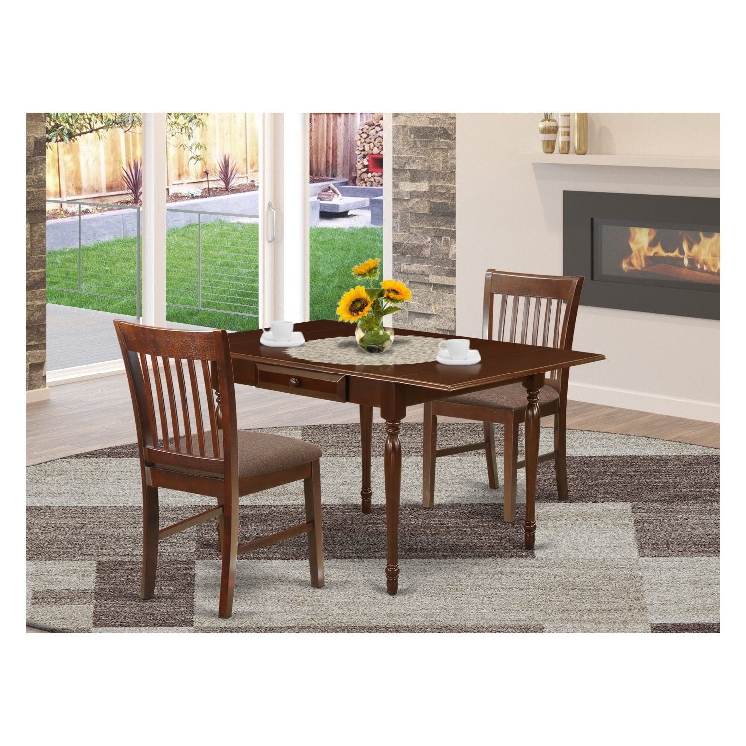 HomeStock Beachy Boho 3 Pieces Dining Room Table Set - Strong Two 9-Inch Drop Down Leaves Solid Wood Dining Table And 2 Chocolate Linen Fabic Seat Kitchen Dining Chairs, Mahogany Finish