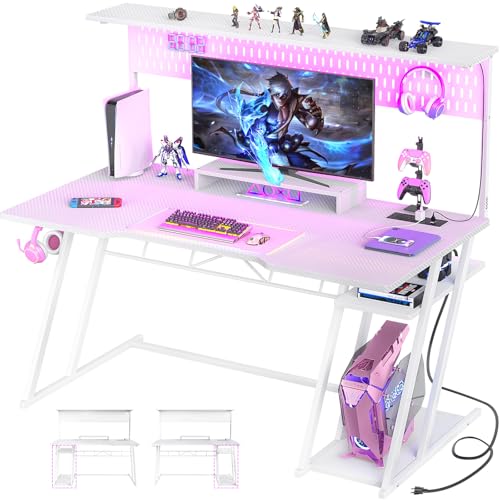 Armocity Gaming Computer Desk with Shelves and Outlets, Gaming Desk with Hutch and LED Lights, Reversible PC Gaming Desks with Pegboard, Carbon Fiber Black 47''