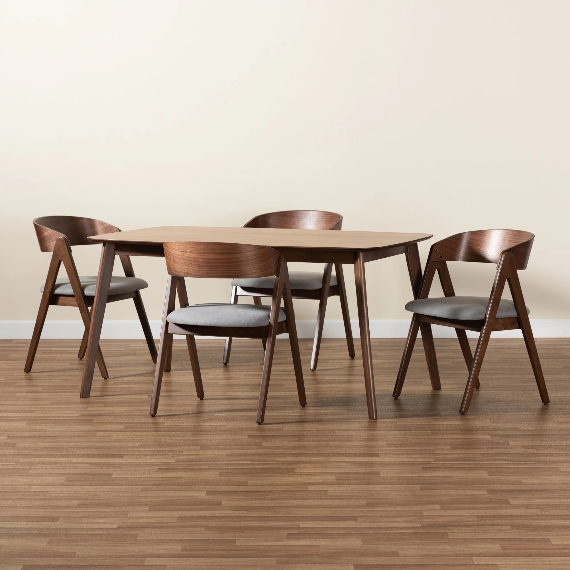 Baxton Studio Danton Mid-Century Modern Grey Fabric Upholstered and Walnut Brown Finished Wood 5-Piece Dining Set