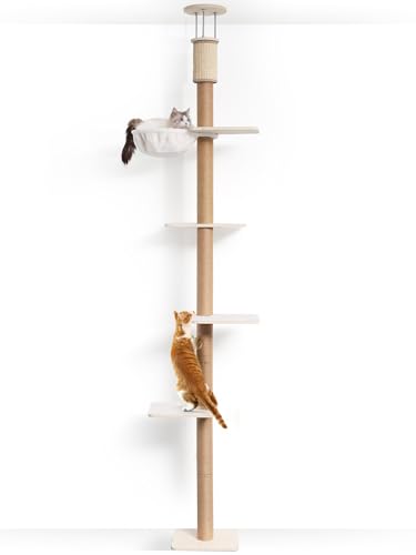 FUKUMARU Wall-Mounted Cat Tree, Adjustable Height (81-107 Inches) Floor to Ceiling Cats Tower with Scratching Post, Sturdy Cats Activity Center with Cozy Hammock