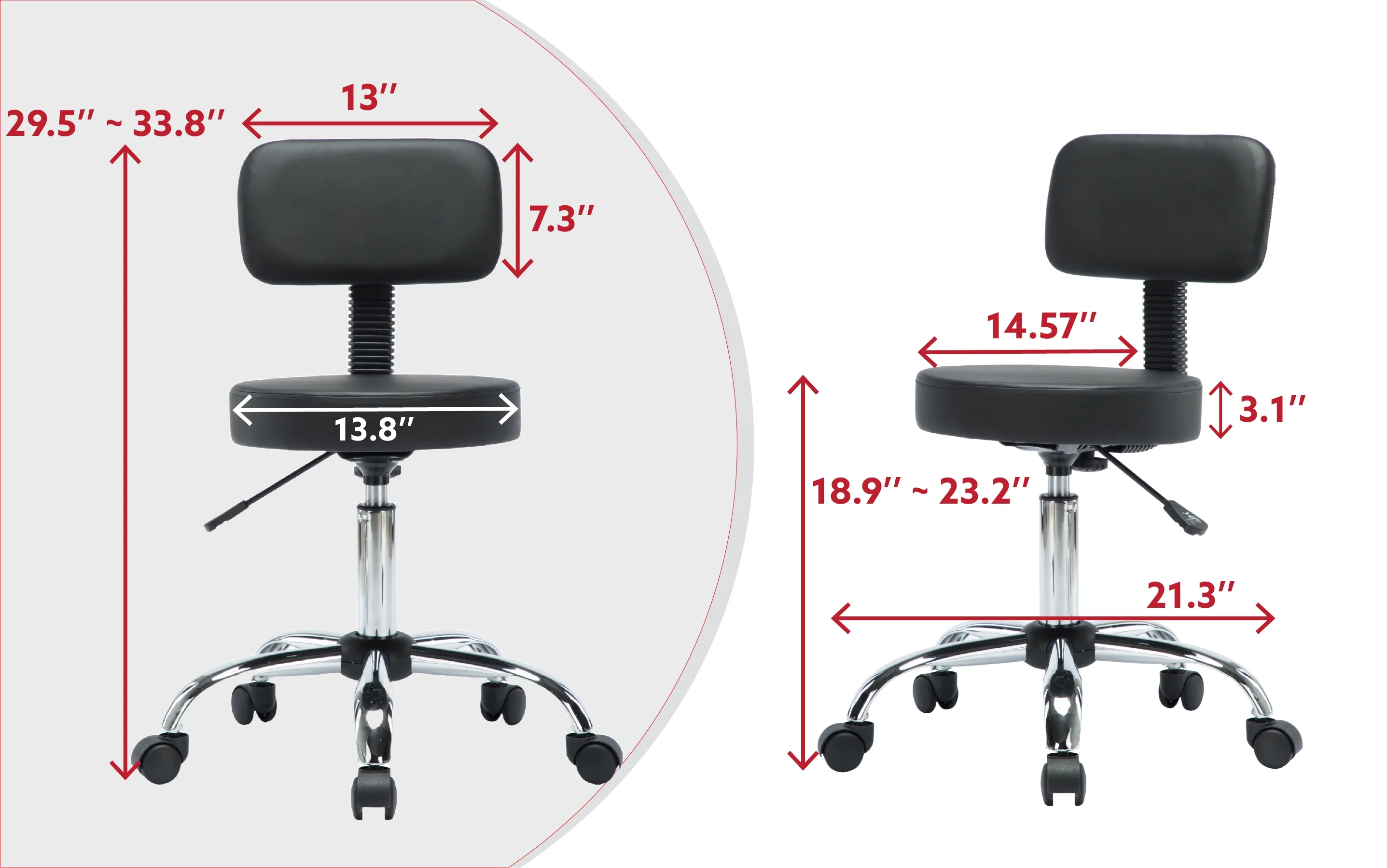 Mara Adjustable Height Drafting Stool with Wheels and Backrest, Space-Saving Faux Leather Rolling Stool Black